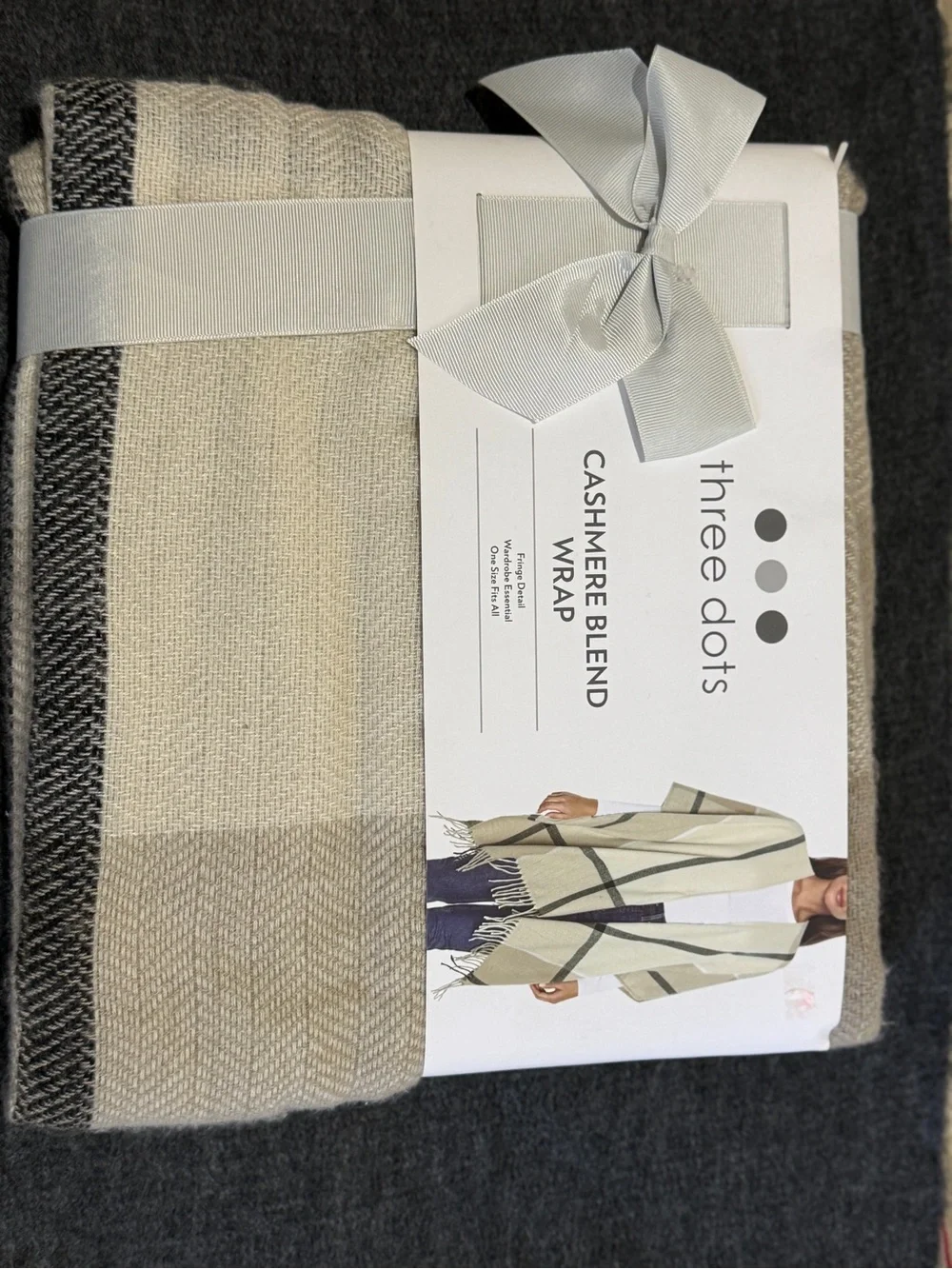 Three Dots Neutral Beige and Black Cashmere Blend Wrap. Fringe Detail. One Size.